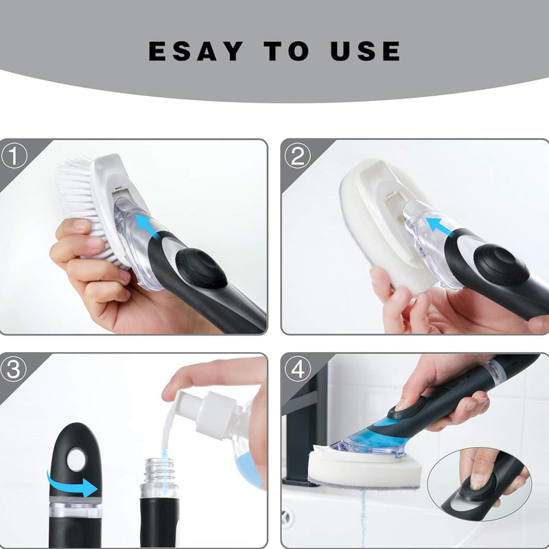 Durable bristles and built-in scraper on the refillable dish brush head.