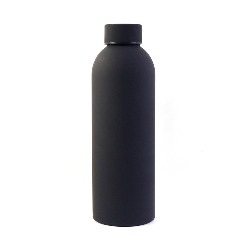 Black water bottle from stainless steel shown with close-up details