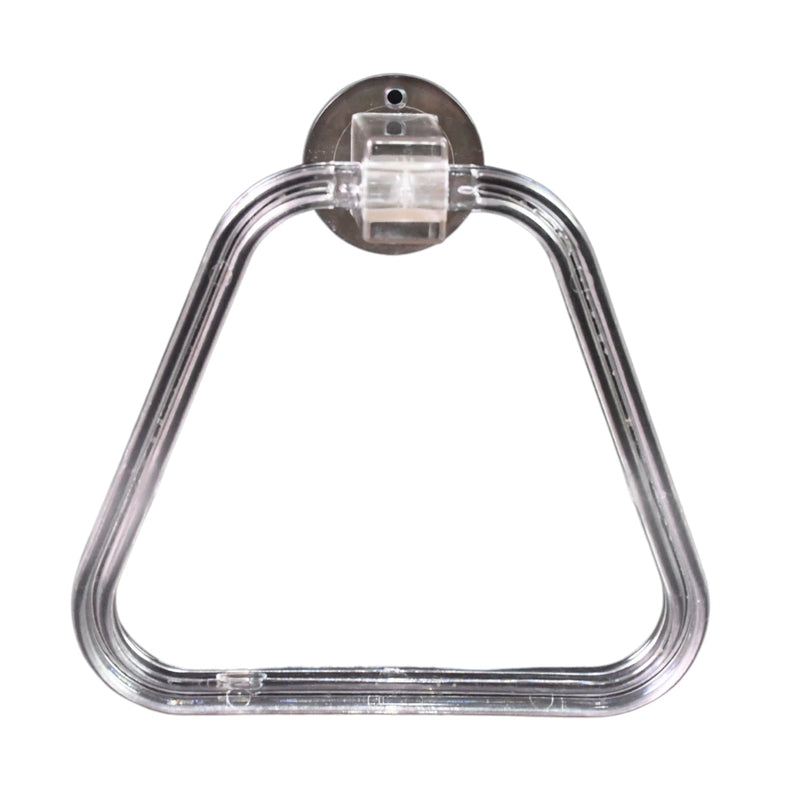 Modern bathroom setting featuring the clear square ABS towel ring holding a hand towel.