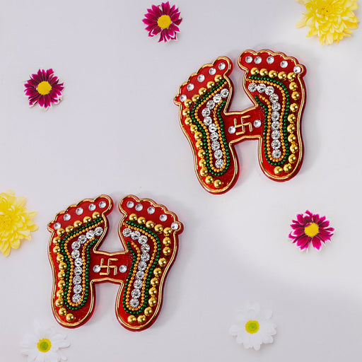 Laxmi Charan Paduka Sticker with traditional footprints and bead embellishments for festive home decor