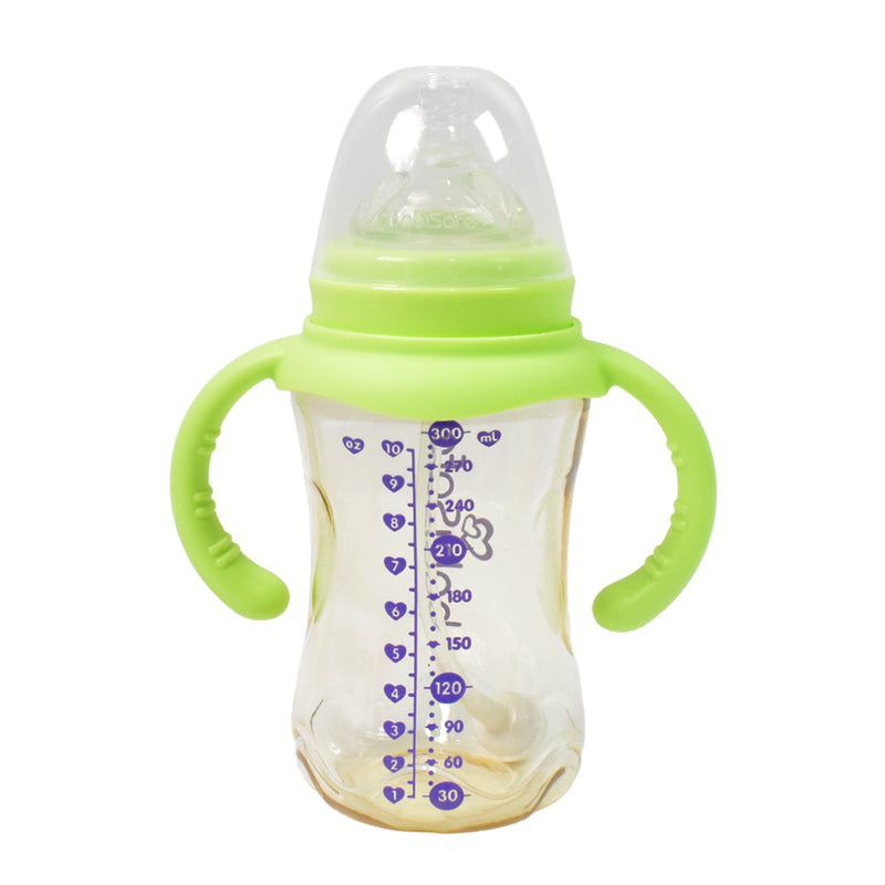 Detailed view of the 300ml Plastic Baby Feeding Bottle, highlighting its leakproof design.