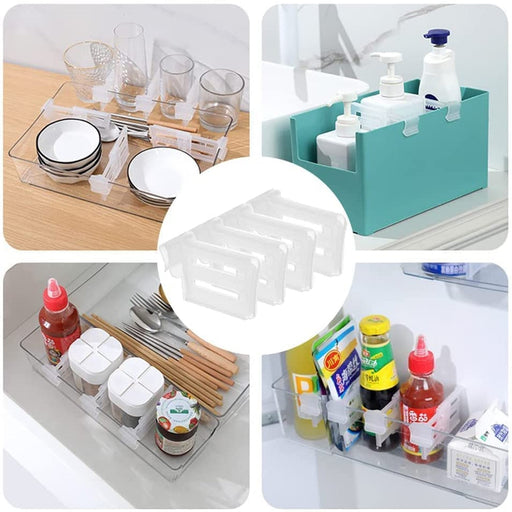 Refrigerator drawer dividers in use, organising food packets.