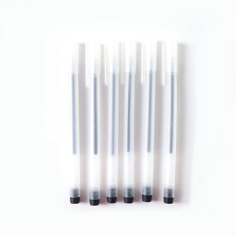 Black gel pen from six-pack featuring lightweight transparent body