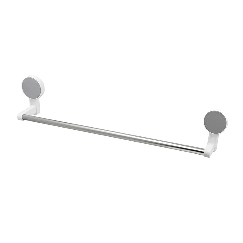 Wall-mounted adhesive towel rod holding towels in bathroom setting