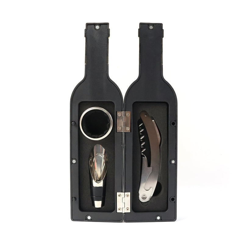 Compact wine tool kit stored in elegant bottle-shaped case