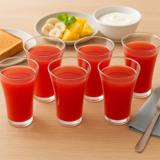 Close-up of a single 300ml plastic juicy glass with a panelled design.