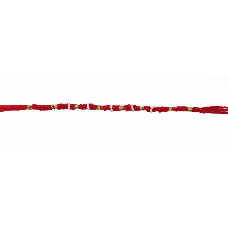 Red mauli rakhi with decorative beads and golden details