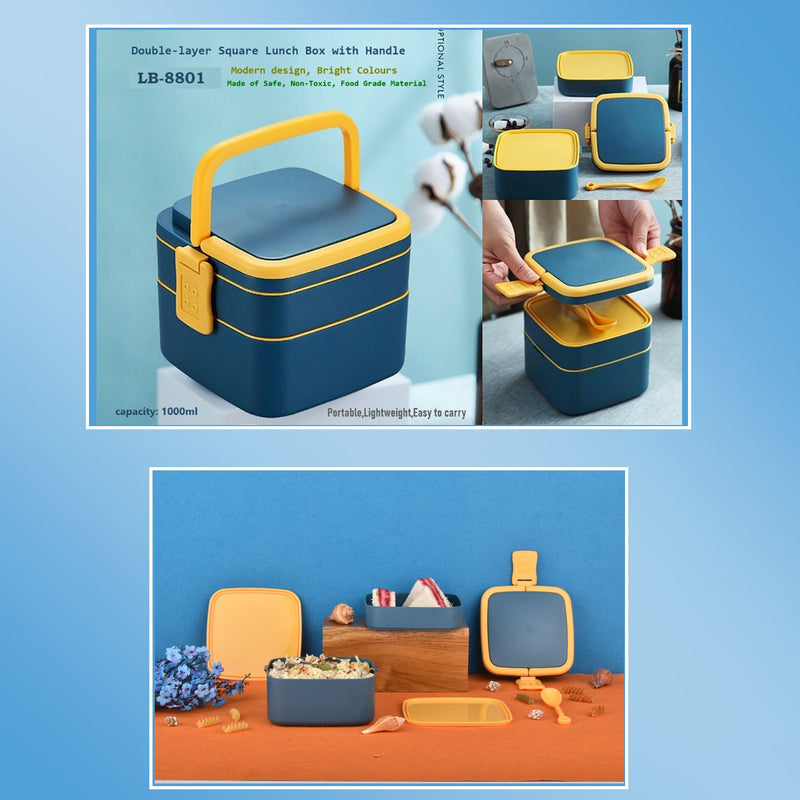 Detailed view of the two-layer blue lunch box, highlighting the secure closure.