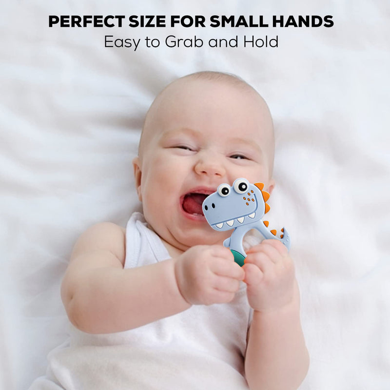 Detailed textured surface of silicone dinosaur teether for gum massage