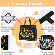Side profile of reusable black birthday gift bag with gold star design