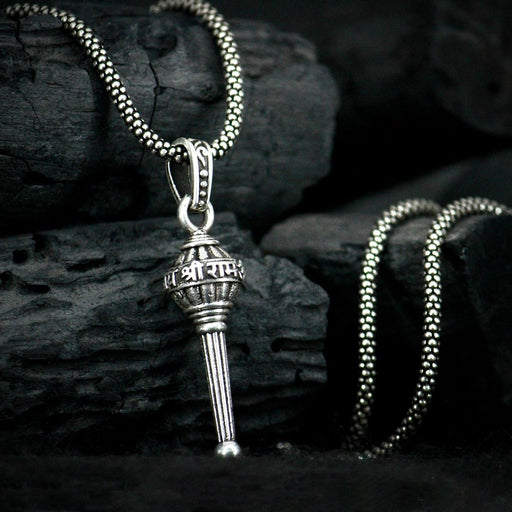 Hanuman Gada Pendant necklace on a plain background, showcasing its silver finish.