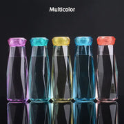 Transparent glass water bottle fitted with plastic cover for safety