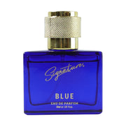 Luxury blue fragrance perfume bottle for men on display