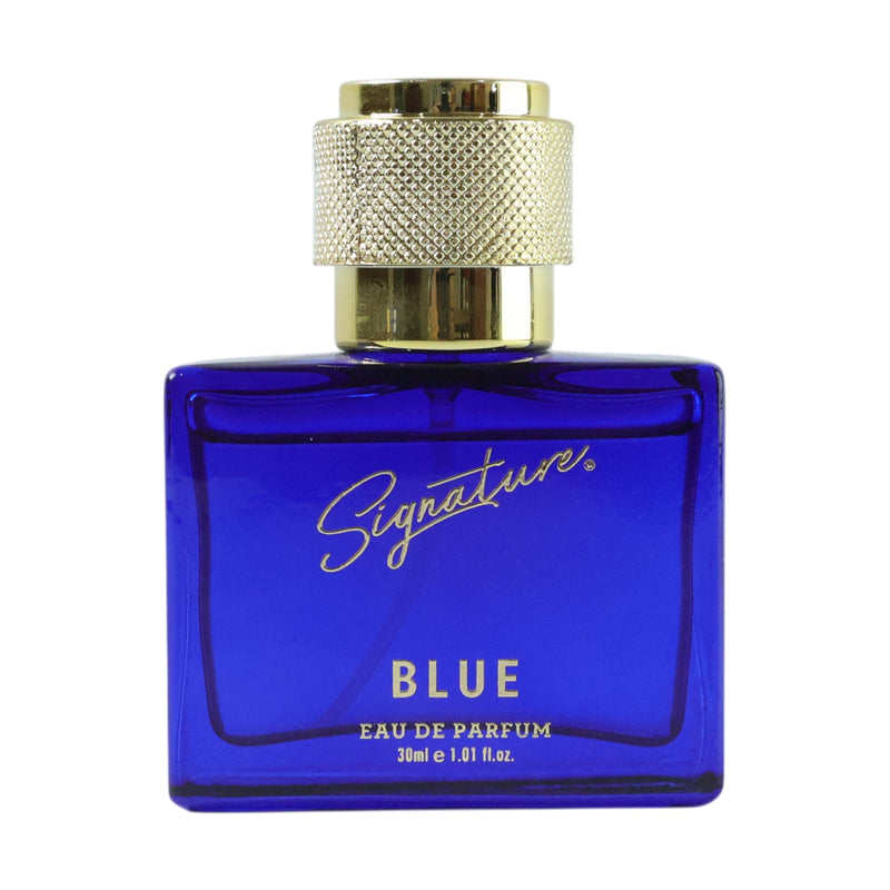 Luxury blue fragrance perfume bottle for men on display
