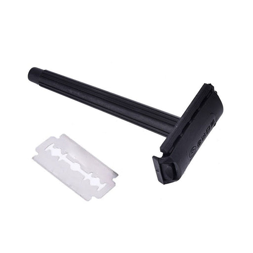 Ergonomic plastic grip handle of a men's shaving razor for comfortable use.