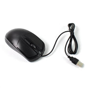 Black wired optical mouse connected to a laptop, demonstrating its plug-and-play convenience.