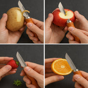 Multipurpose fruit and vegetable peeler with a comfortable wooden grip and sharp blade.