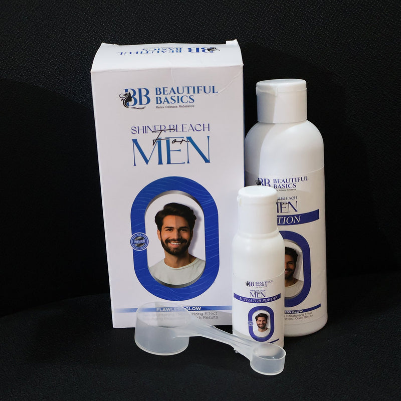 Measuring spoon used for accurate application of men's bleach facial hair lightening kit.
