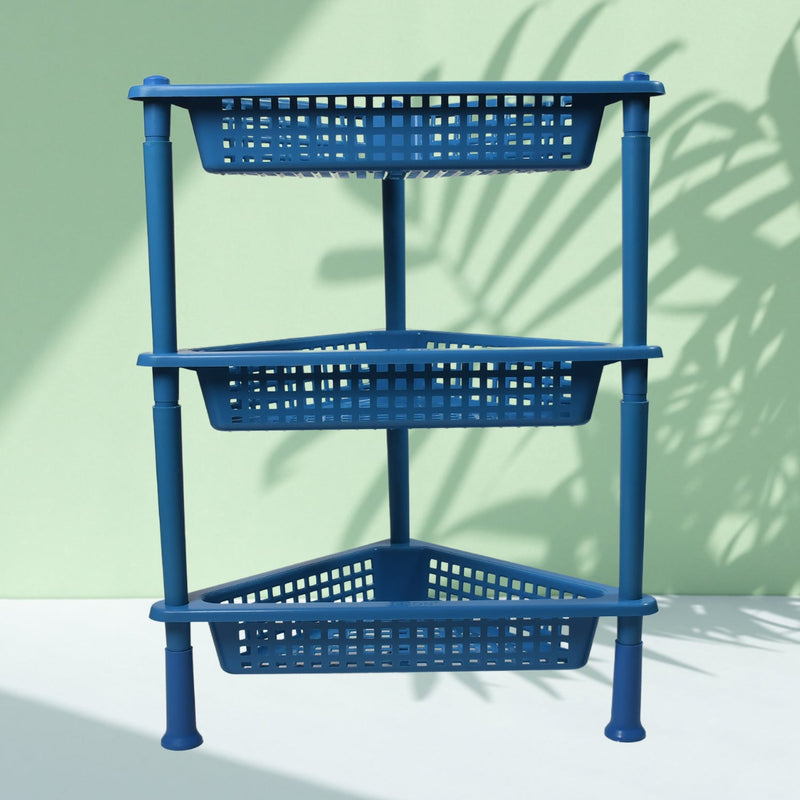 VoltDesk's 3-tier plastic storage rack in a modern home setting.