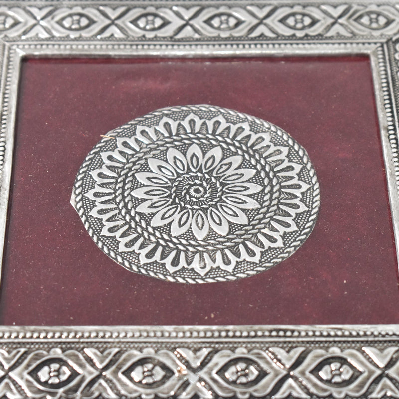 Top view of the silver pooja chowki, showcasing its exquisite mandala pattern and finish.
