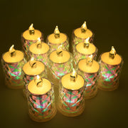 Decorative LED tealight candles emitting a soft, warm yellow flicker, perfect for ambient lighting.