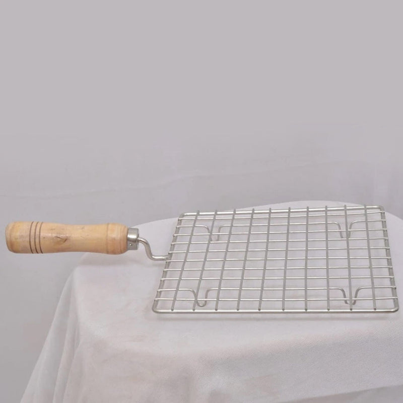 Kitchen Square Stainless Steel Roaster Papad Jali, Barbecue Grill with Wooden Handle