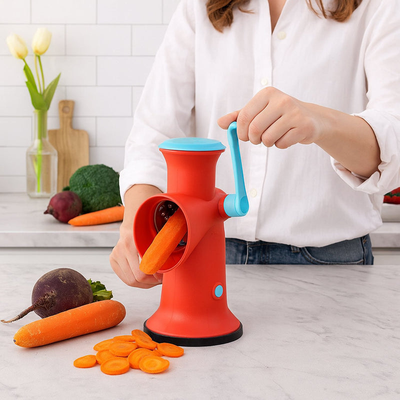 Rotary slicer drum attachment for fruit and vegetable slicing