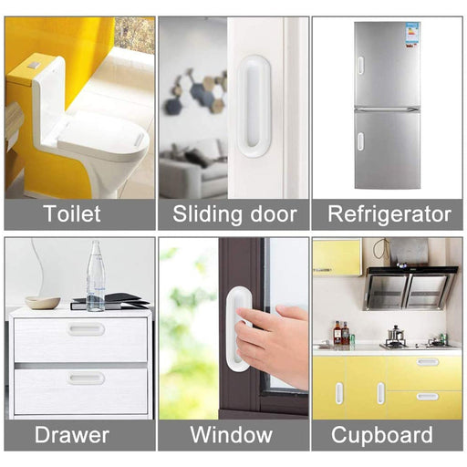 Door handle set featuring ergonomic self stick push pull helpers on cabinet