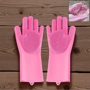 Pair of multicolor silicone cleaning gloves on a clean white background.