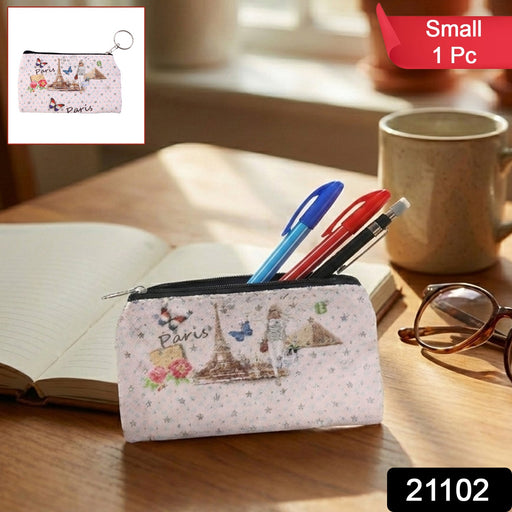 Small zipper pouch showing the stylish Paris print design