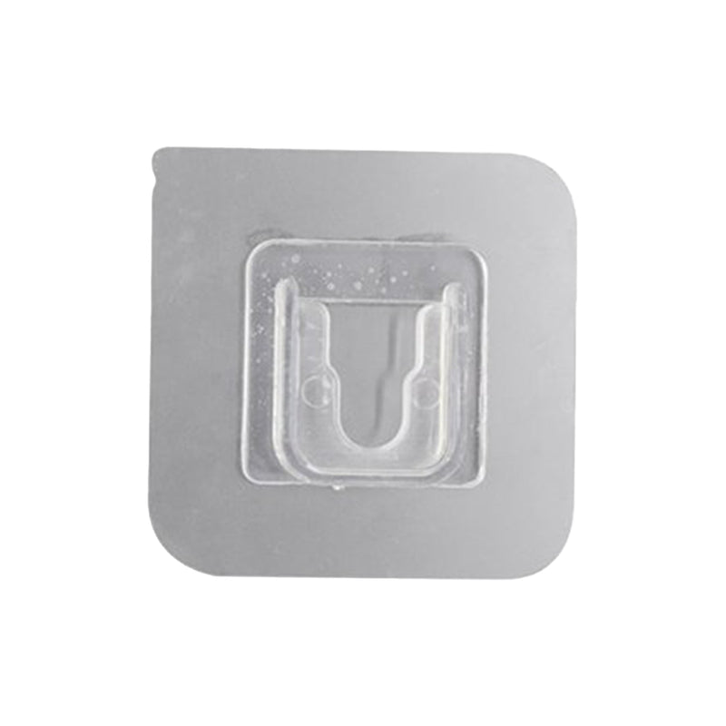 Transparent self-adhesive wall hook ready for easy peel-and-stick application.