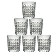 A stack of elegant diamond-cut glass tumblers, illustrating their compact storage and design.