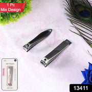 Open stainless steel folding nail clippers revealing the integrated nail file.