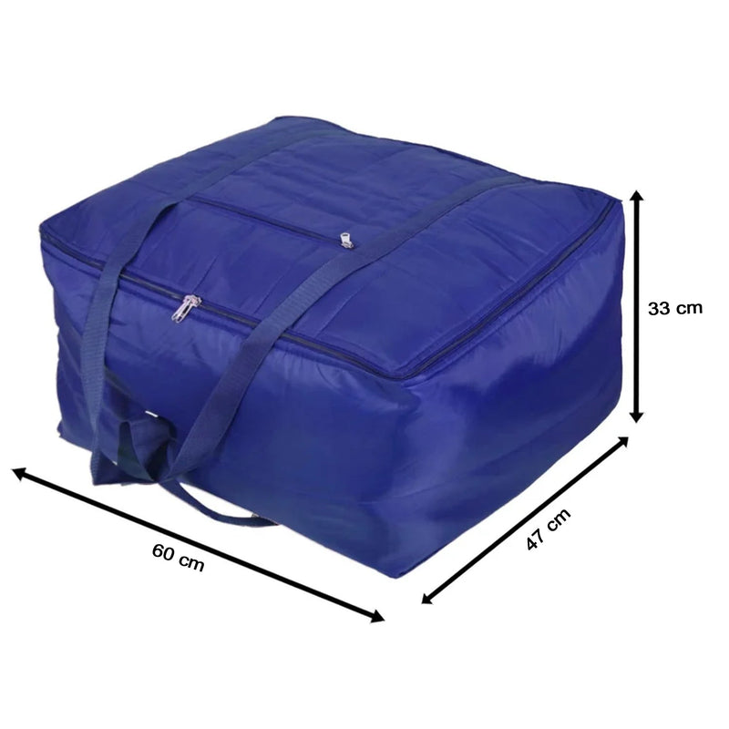 Carrying handles on durable storage bag for bedding and blankets