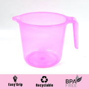 Assortment of transparent plastic bath mugs in various vibrant colours.