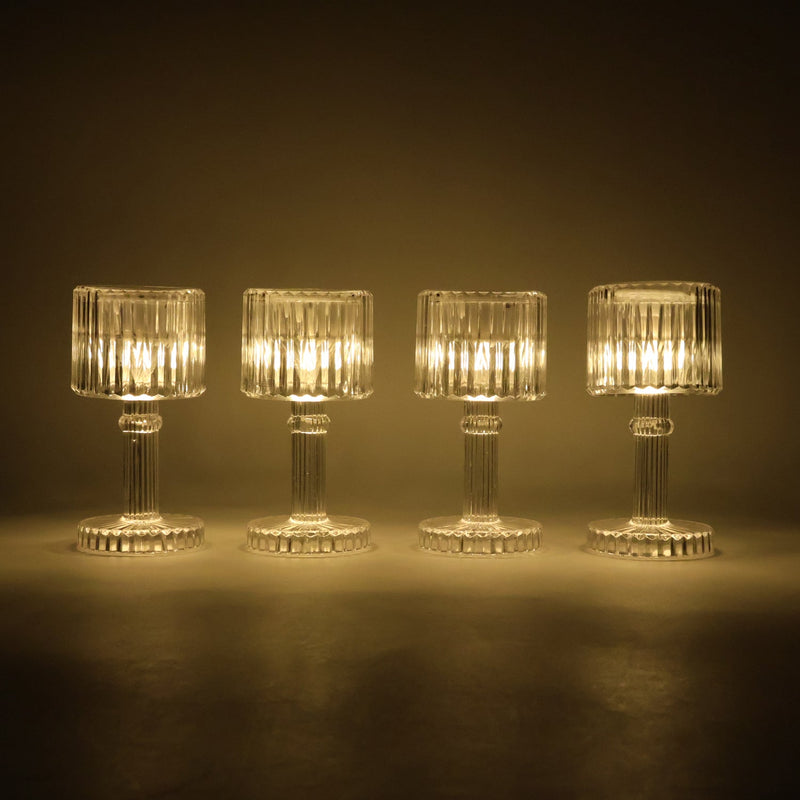 Battery operated crystal-effect LED mini table lamps arranged on table