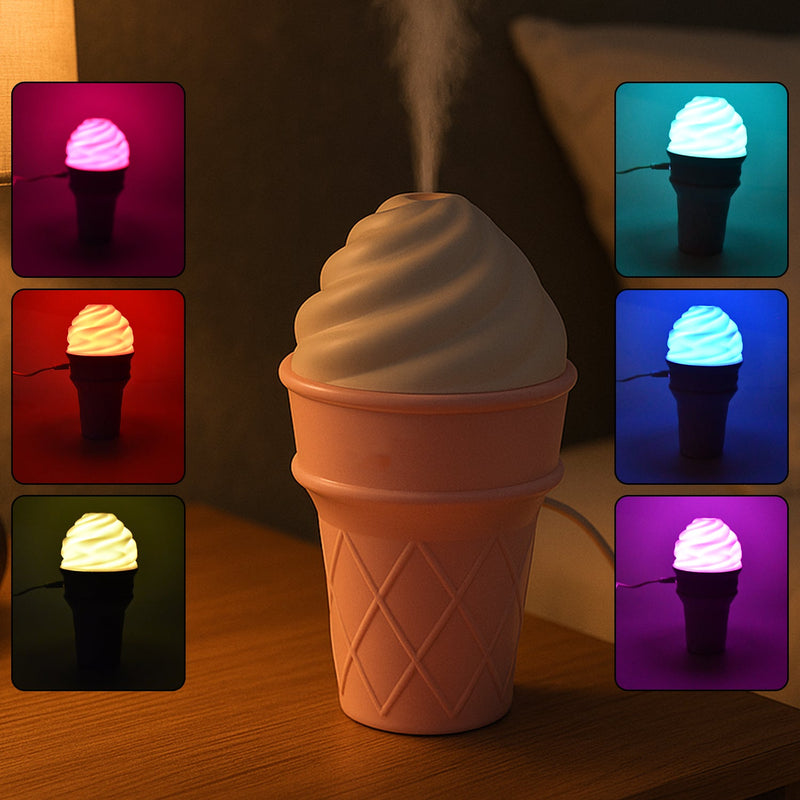 Dual use air freshener and aroma humidifier shaped like an ice cream cone