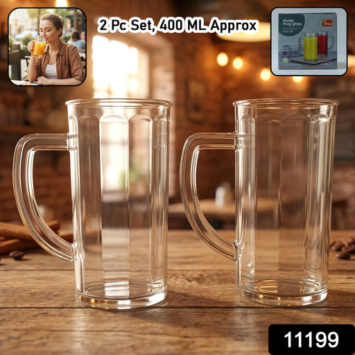Set of two clear plastic mugs with handles, perfect for beverages
