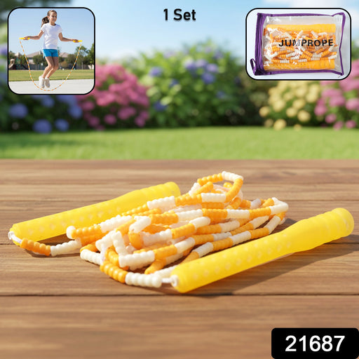 Set of yellow and white beaded skipping ropes for kids outdoor play
