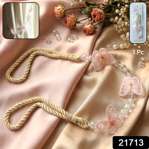 Decorative floral bead curtain holder with twisted rope design