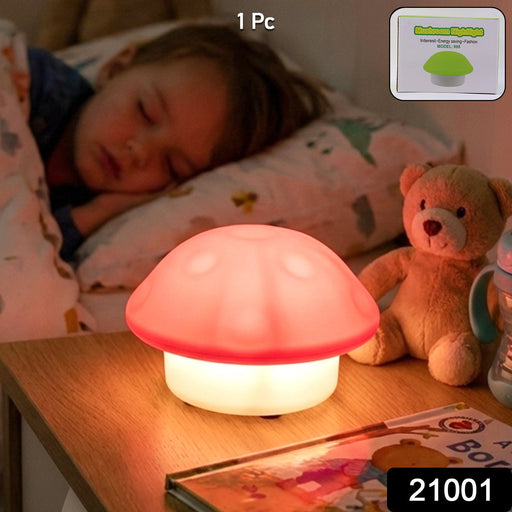 Decorative mushroom shaped LED night lamp on a bedroom table
