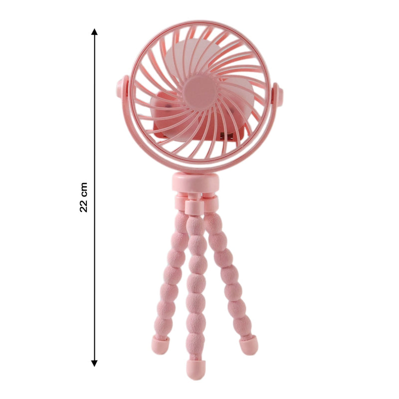 Portable fan mounted on flexible tripod stand in use outdoors