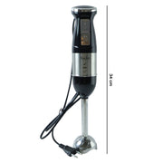 Portable hand blender with stainless steel body and 300W motor on table