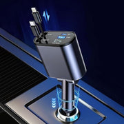 Alternative angle showing compact  4-in-1 dual cable car charger