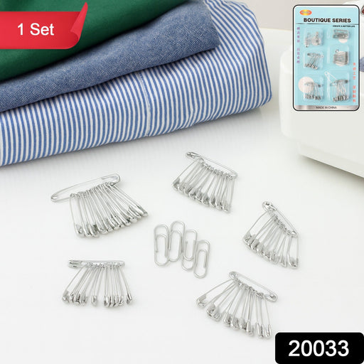Close-up view of strong stainless steel safety pins in assorted sizes