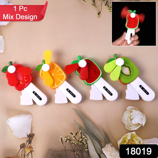 Colorful fruit-shaped kid's cooling fan featuring kiwi and orange shapes