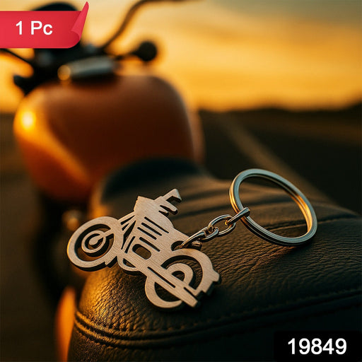 Close-up view of the durable motorcycle shaped metal keychain's smooth finish.