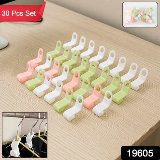 Colorful plastic hanger connector hooks hanging in closet