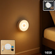 Soft LED night light illuminating bedroom and hallway areas