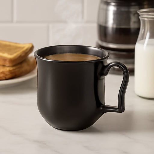 Black plastic coffee mug with handle on a white background, perfect for daily use.